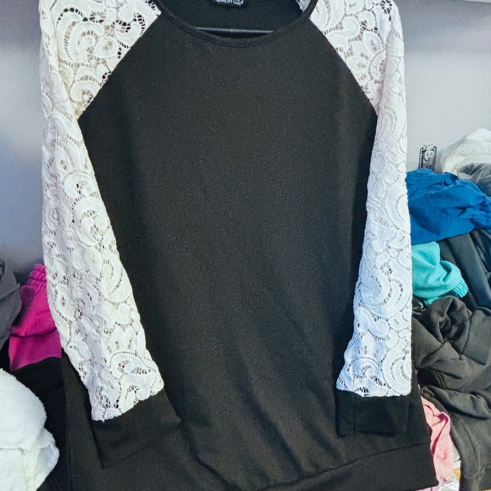 HEIMISH USA Black Blouse with White Lace Sleeves